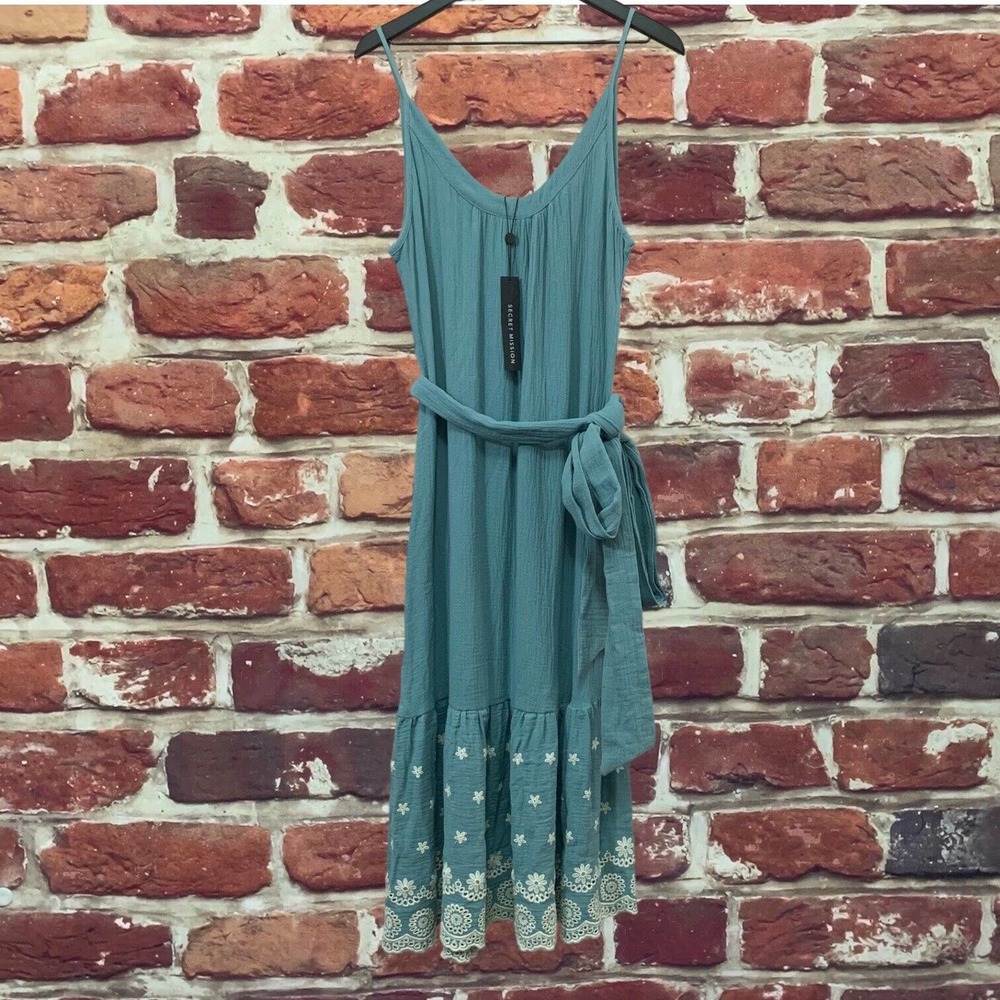 Secret Mission Anita Dress Blue Boho Embroidered Gauzy Floral Eyelet Sundress